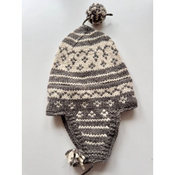 GAP Taupe Grey Ivory Shetland Wool Knit Pom Pom Trapper Beanie Hat, One Size - Picture 3 of 7